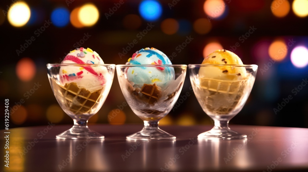 Assorted ice cream in balls with colors of the American flag in glass bowls on a wooden table against the backdrop of a cafe. Ice Cream Day. Generative AI