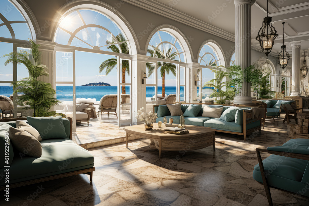 Naklejka premium Interior view of a hotel situated by the sea, offering a serene and picturesque ambiance. Generative Ai.