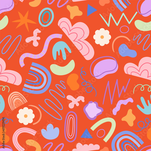Cute Childish Drawing Seamless Pattern With Doodle Elements, Vibrant Colors, And Imaginative Motifs, Vector Illustration photo