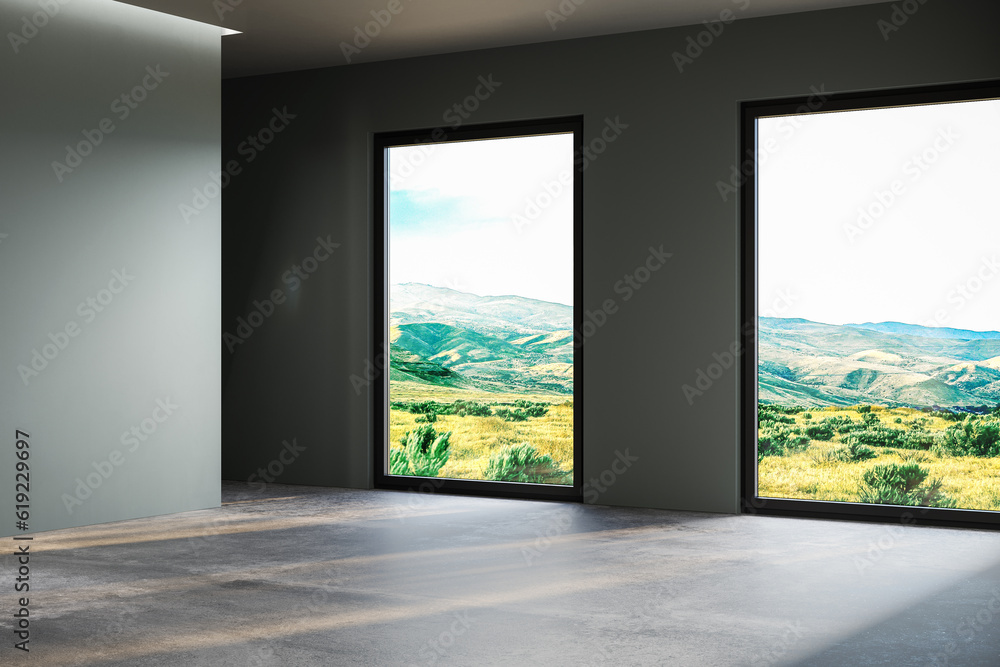 Fototapeta premium Modern contemporary loft empty room with green wall and concrete floor. 3d Rendering