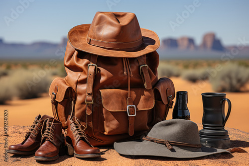 Isolated set of travel essentials, including a hat, backpack, and boots, against a white background. Generative Ai.