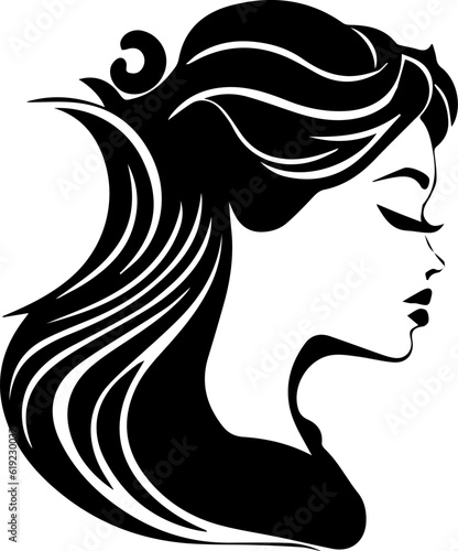 Beautiful woman head with face and hair, profile view. Simple style icon