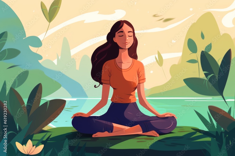 woman meditaing by the lake - green and orange tones - strength of meditation, mindfulness  and yoga for a better mental health and joy in live - generative ai