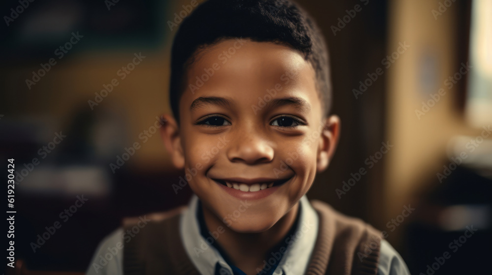 Portrait of a schoolboy. Happy smiling schoolboy sit at classroom. Kid studding at the school. Back to school. Created with Generative AI technology. Portrait of a schoolboy. Happy smiling schoolboy sit at classroom. Kid studding at the school. Back to school. Created with Generative AI technology.