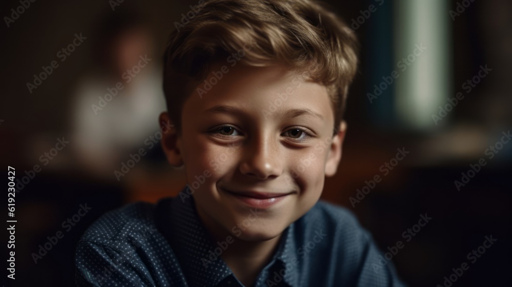 Portrait of a schoolboy. Happy smiling schoolboy sit at classroom. Kid studding at the school. Back to school. Created with Generative AI technology. Portrait of a schoolboy. Happy smiling schoolboy sit at classroom. Kid studding at the school. Back to school. Created with Generative AI technology.