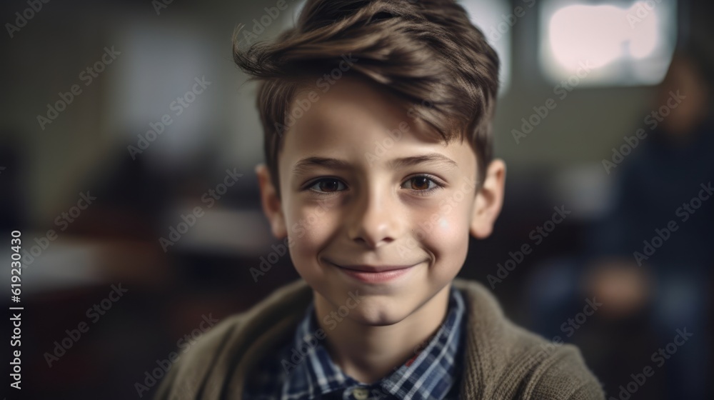 Portrait of a schoolboy. Happy smiling schoolboy sit at classroom. Kid studding at the school. Back to school. Created with Generative AI technology. Portrait of a schoolboy. Happy smiling schoolboy sit at classroom. Kid studding at the school. Back to school. Created with Generative AI technology.