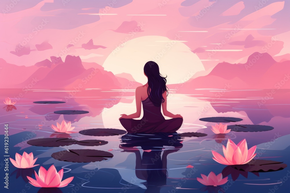 woman meditaing by the lake - blush pink tones - strength of meditation, mindfulness and yoga for a better mental health and joy in live - generative ai woman meditaing by the lake - blush pink tones - strength of meditation, mindfulness and yoga for a better mental health and joy in live - generative ai