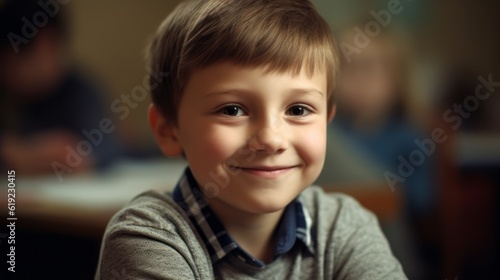 Portrait of a schoolboy. Happy smiling schoolboy sit at classroom. Kid studding  at the school. Back to school. Created with Generative AI technology. © IC Production