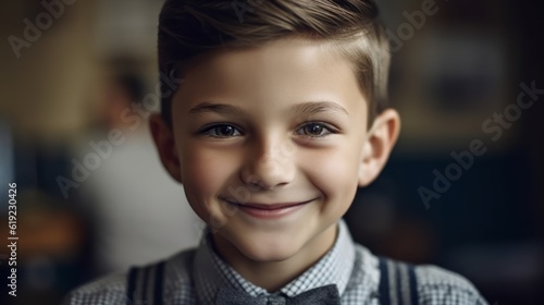 Portrait of a schoolboy. Happy smiling schoolboy sit at classroom. Kid studding at the school. Back to school. Created with Generative AI technology.