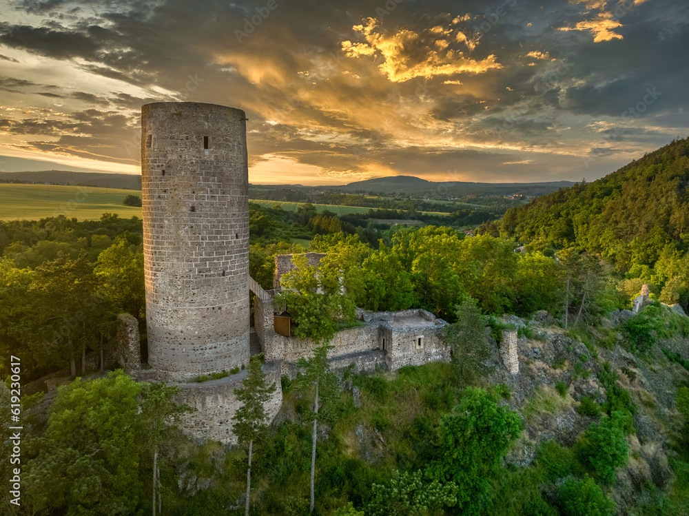 Aerial view of Tocnik and Zebrak castles during sunset Aerial view of Tocnik and Zebrak castles during sunset