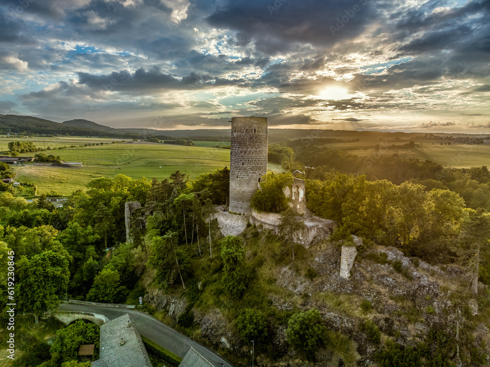 Aerial view of Tocnik and Zebrak castles during sunset