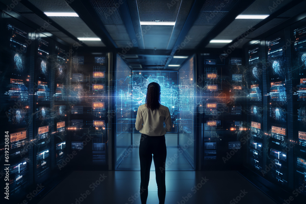 Successful Female Data Center IT Specialist Using Tablet Computer, Turning Augmented VFX Visualization on Server Farm Cloud Computing Facility. System Engineer Working for Cyber Data Security Company. - obrazy, fototapety, plakaty 