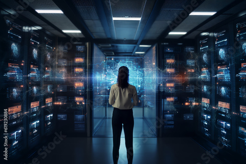 Successful Female Data Center IT Specialist Using Tablet Computer, Turning Augmented VFX Visualization on Server Farm Cloud Computing Facility. System Engineer Working for Cyber Data Security Company. photo