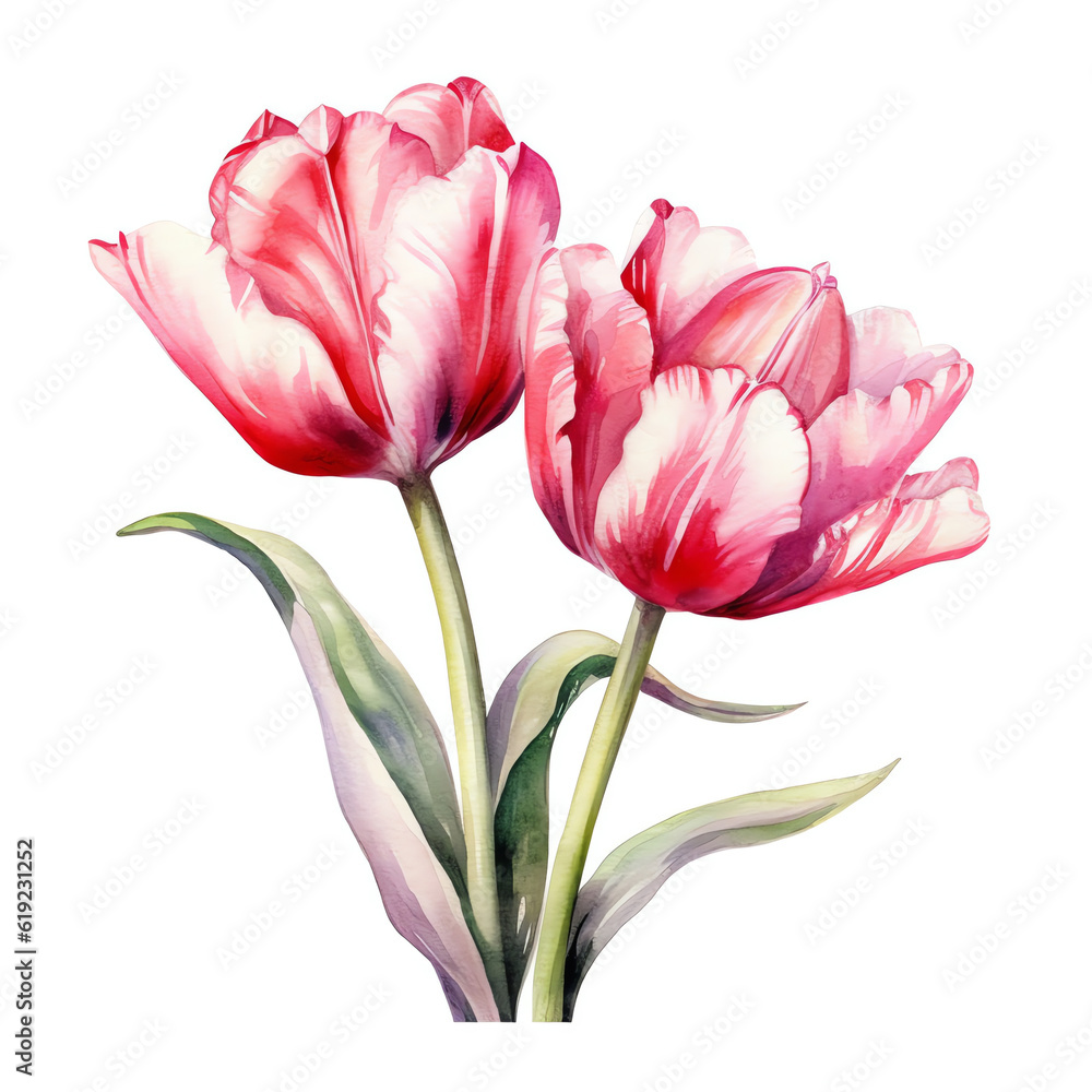 Fototapeta premium Colorful fresh red tulip with green leaves - spring botanical art. Hand drawn watercolor painting illustration. Background- watercolor paper.