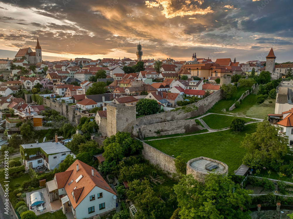 Sunset sky aerial view of Znojmo medieval border town with Renaissance town square walls in Czechia