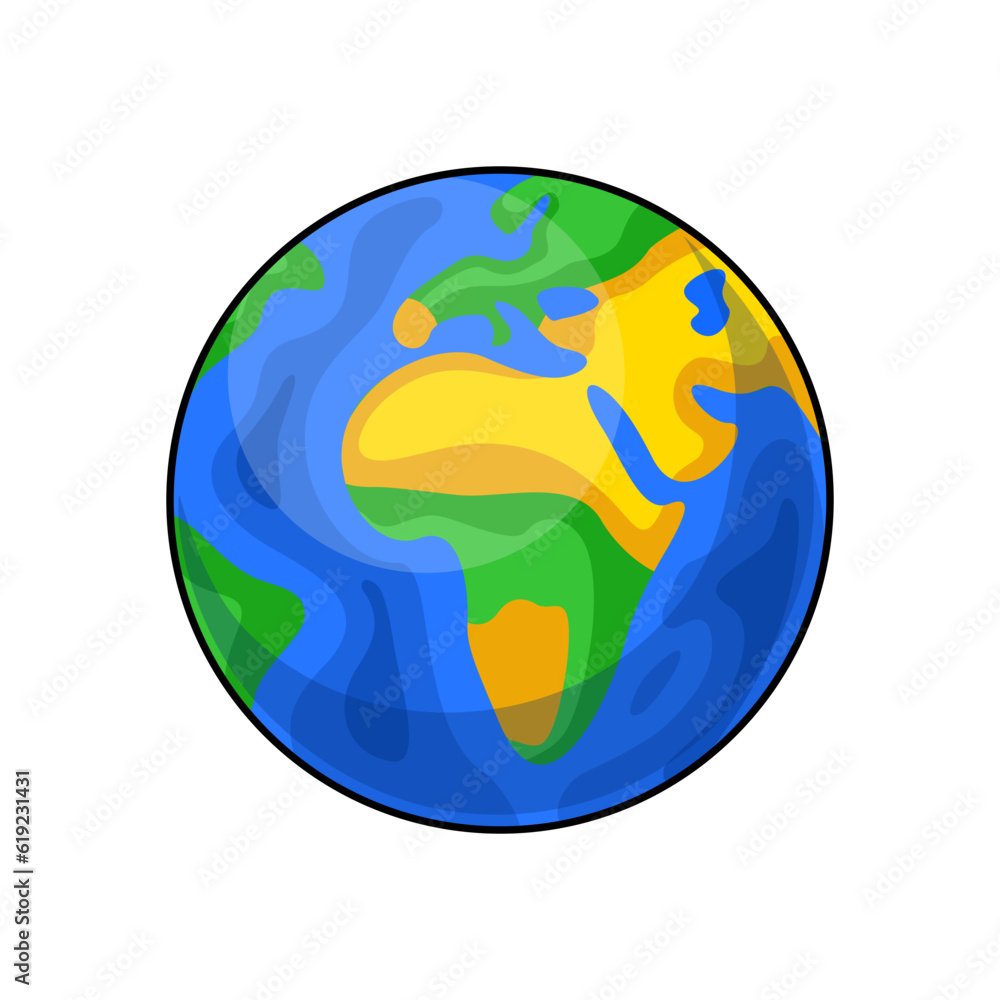 Cartoon planet Earth of solar system. Earth globe isolated on white background. Colored icon of world. Vector illustration on space theme. Picture in childish style. Cartoon planet Earth of solar system. Earth globe isolated on white background. Colored icon of world. Vector illustration on space theme. Picture in childish style.