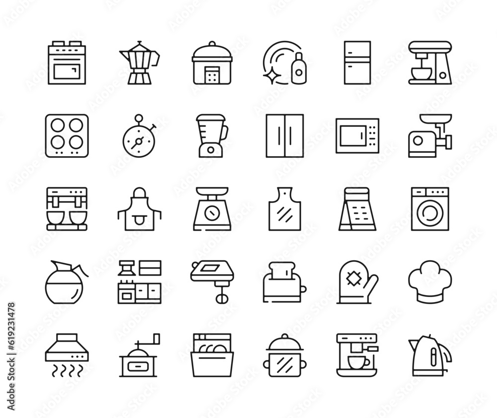 Kitchen appliances icons. Vector line icons set. Cooking appliances concepts. Black outline stroke symbols