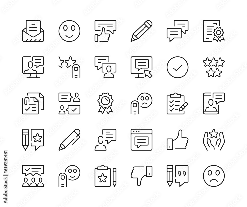 Testimonials icons. Vector line icons set. Survey, comments, rating, user reviews, customer feedback concepts. Black outline stroke symbols Testimonials icons. Vector line icons set. Survey, comments, rating, user reviews, customer feedback concepts. Black outline stroke symbols