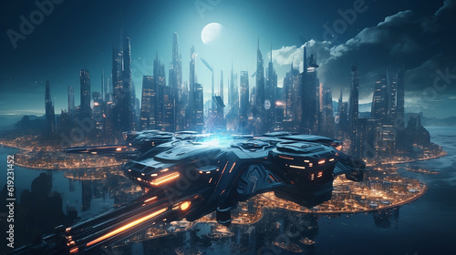 A futuristic city with flying cars in the sky  professional  8k  digital art illustration.