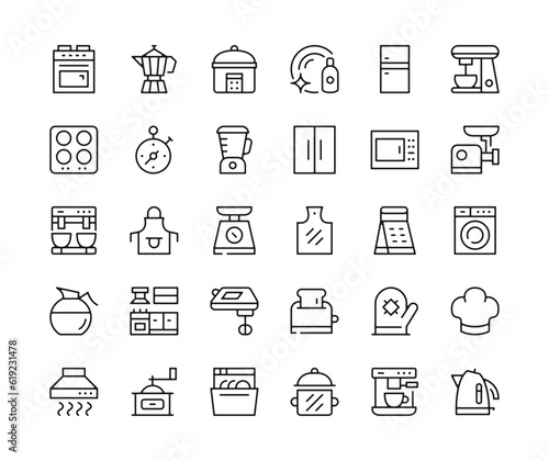 Kitchen appliances icons. Vector line icons set. Cooking appliances concepts. Black outline stroke symbols