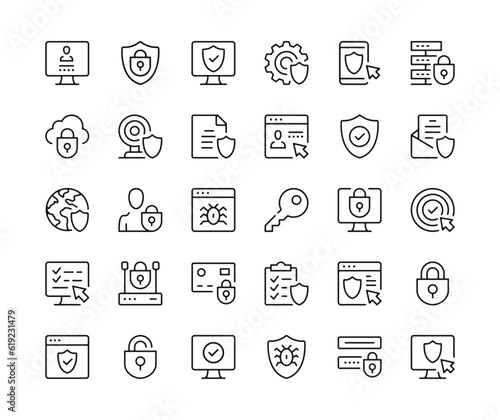Internet security icons. Vector line icons set. Data protection, cybersecurity, secure technology, computer privacy concepts. Black outline stroke symbols