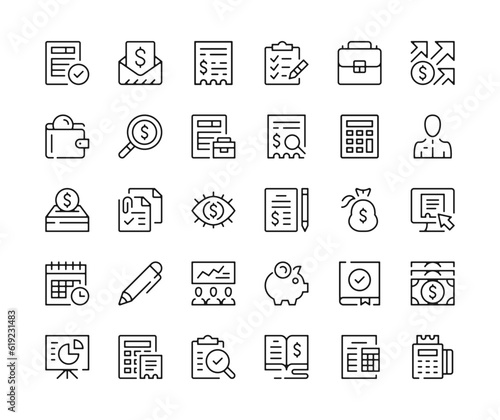 Accounting icons. Vector line icons set. Business calculation, fill tax form, budget, accountancy, bookkeeping concepts. Black outline stroke symbols