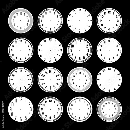 Mechanical clock faces, watch dial with numerals, bezel. Timer or stopwatch element with minute, hour marks and numbers. Blank measuring circle scale with divisions. Vector illustration