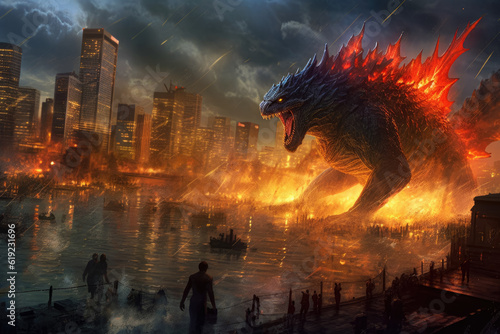 A monstrous creature resembling Godzilla unleashes chaos upon the city, its colossal form dominating the skyline.  Generative Ai, Ai. © Sebastian