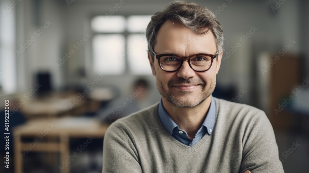 Portrait of a teacher. Happy smiling teacher. Teacher at school or university. Back to school. Created with Generative AI technology. Portrait of a teacher. Happy smiling teacher. Teacher at school or university. Back to school. Created with Generative AI technology.