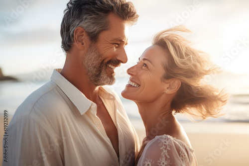  Joyful couple, a man and woman, basking in the shared warmth of a loving embrace on a sun-kissed beach.