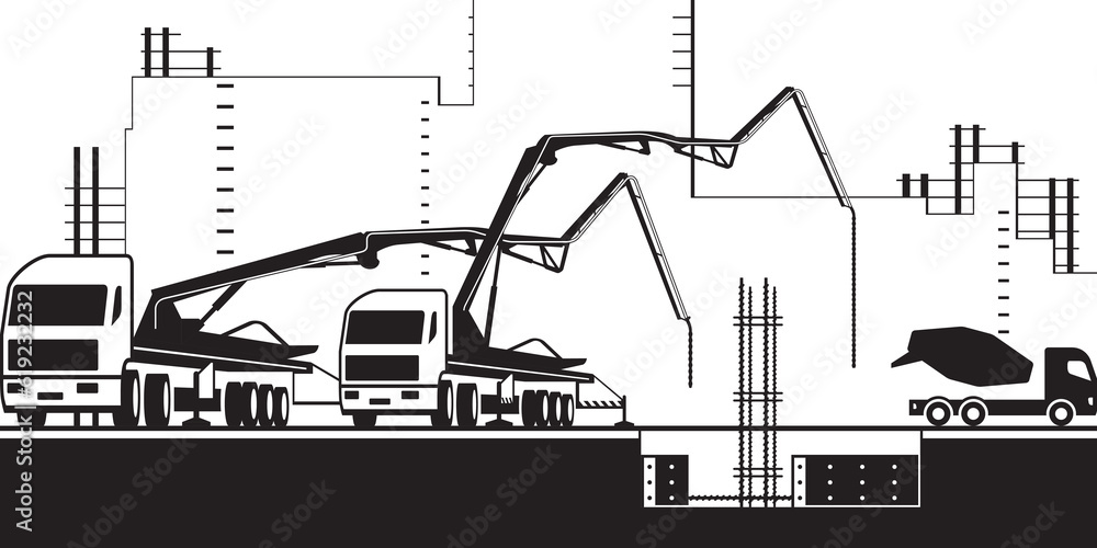 Concrete pump trucks on construction site - vector illustration Concrete pump trucks on construction site - vector illustration