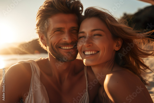 Couple, a man and woman, basking in the shared warmth on a sun-kissed beach.