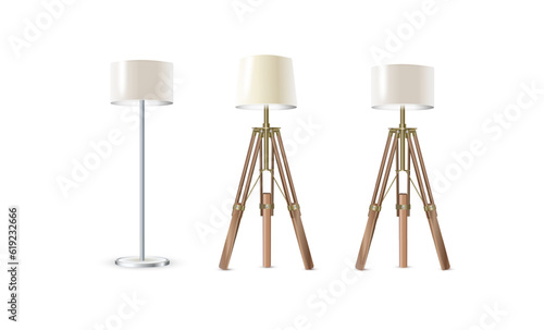 Lamp Set Closeup Isolated on White Background. Floor Lamps. Electric Torchere for Interior Design, Energy Furniture. Vector