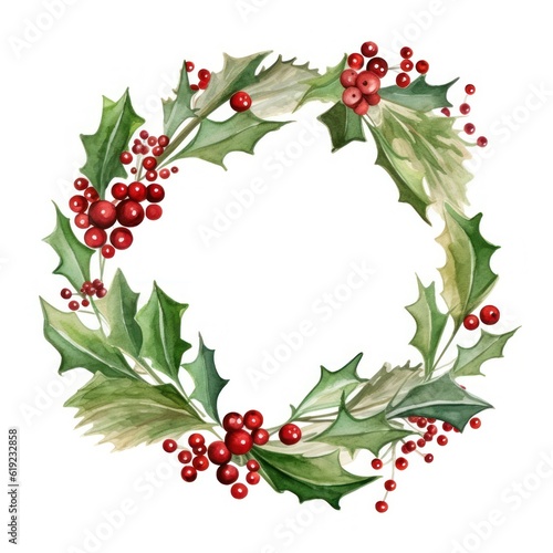 Watercolor Christmas Wreath Isolated. Illustration AI Generative.