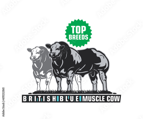 BELGIAN BLUE MONSTER CATTLE LOGO, silhouette of great strong cow standing vector illustrations