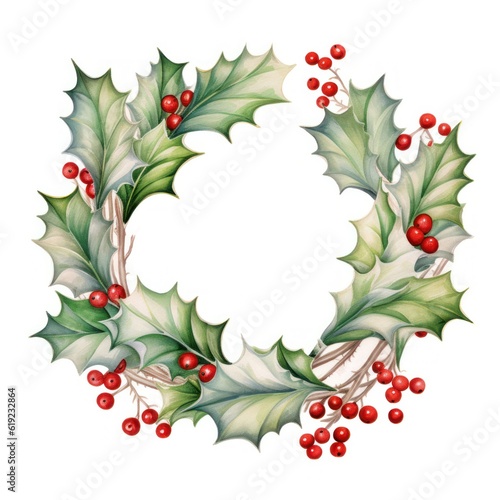 Watercolor Christmas Wreath Isolated. Illustration AI Generative.