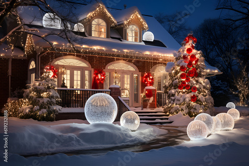 house exterior christmas decorations in the snow photo