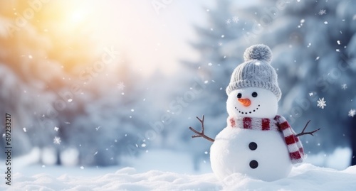 Winter background with snowman. Illustration AI Generative. © ArtCookStudio