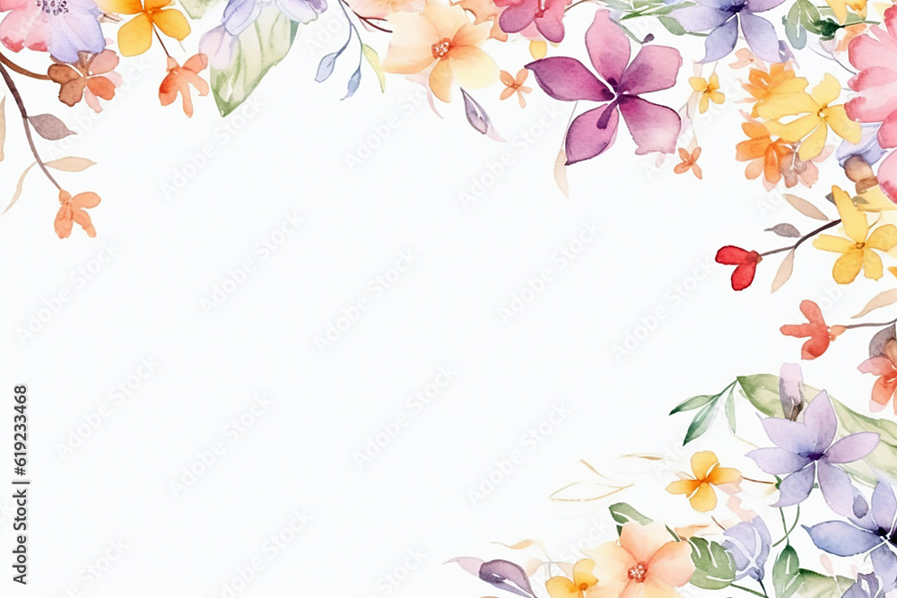 Watercolor Delicate Pastel Spring Floral Mix Flower Frame Border - Illustration For Wedding Stationary, Birthdays, Cards, Greetings, Wallpapers, Backgrounds, Generative AI.