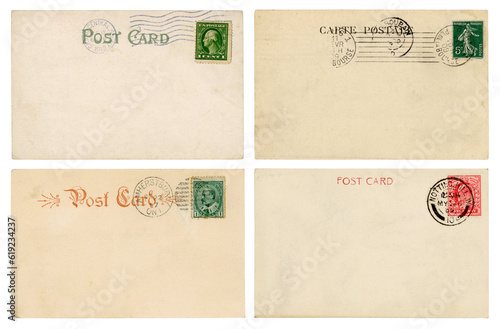 blank backs / backsides of run vintage / antique postcards from the US, France, Canada and England with stamps and postmarks, stamped in New York, Paris, Notting Hill, postage / mail design elements