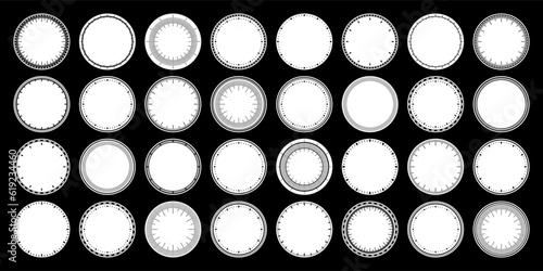 Mechanical clock faces, bezel. Watch dial with minute and hour marks. Timer or stopwatch element. Blank measuring circle scale with divisions. Vector illustration.