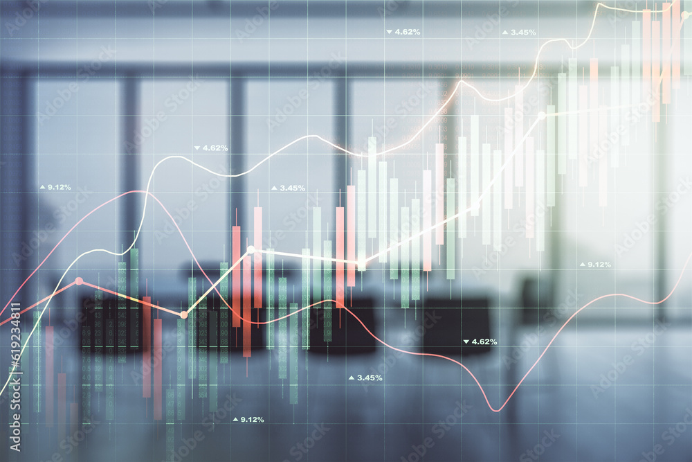 Multi exposure of virtual abstract financial graph interface on a modern coworking room background, financial and trading concept Multi exposure of virtual abstract financial graph interface on a modern coworking room background, financial and trading concept