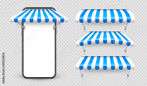 Smartphone with shop sunshade and metal mount, online internet shopping. Realistic blue striped cafe awning. Outdoor market tent. Roof canopy. Summer street store. Vector illustration