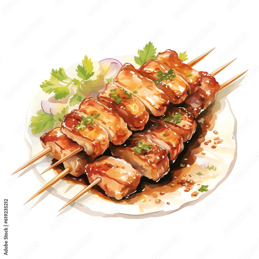 Mouthwatering Skewered Pork Loin: Delicious Gourmet Grilled Meat on White Background