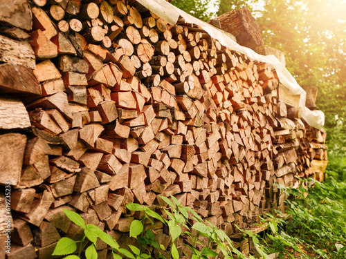 Pile of firewood for stove or fireplace. Traditional material to keep house warm. Alternative heating source. Winter preparation in time of economical crisis concept. Wooden logs in stack.