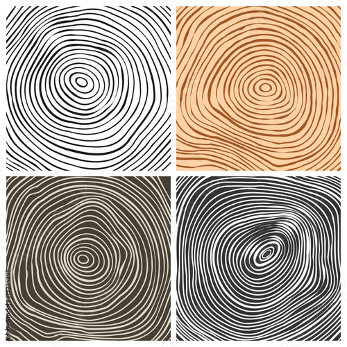 Tree trunk cut textures, pine or oak slice. Sawn timber, wood. Brown wooden texture with tree rings. Hand drawn sketch. Vector illustration