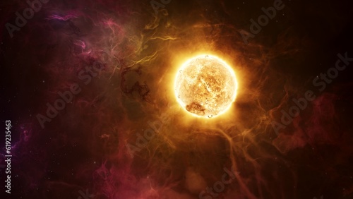 Hot erupting Sun wrapped in hydrogen plasma nebula clouds. Young star in solar system concept 3D illustration. Flares and coronal mass ejections unleash a torrent of searing glowing gases into space. photo