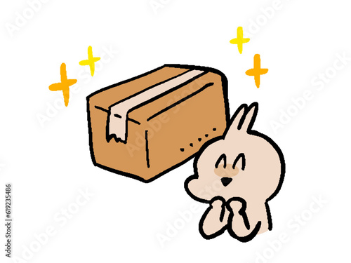 荷物に喜ぶうさぎのシンプルな手描き風イラスト