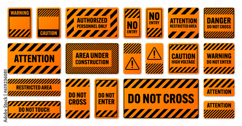 Various black and orange warning signs with diagonal lines. Attention ...