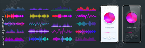 Online audio player user interface, smartphone app UI design. Music, media streaming and listening platform. Responsive mobile application. Neumorphism. Various sound waves. Vector illustration